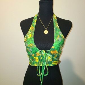 Urban Outfitters Green Floral Crop Halter Top Small